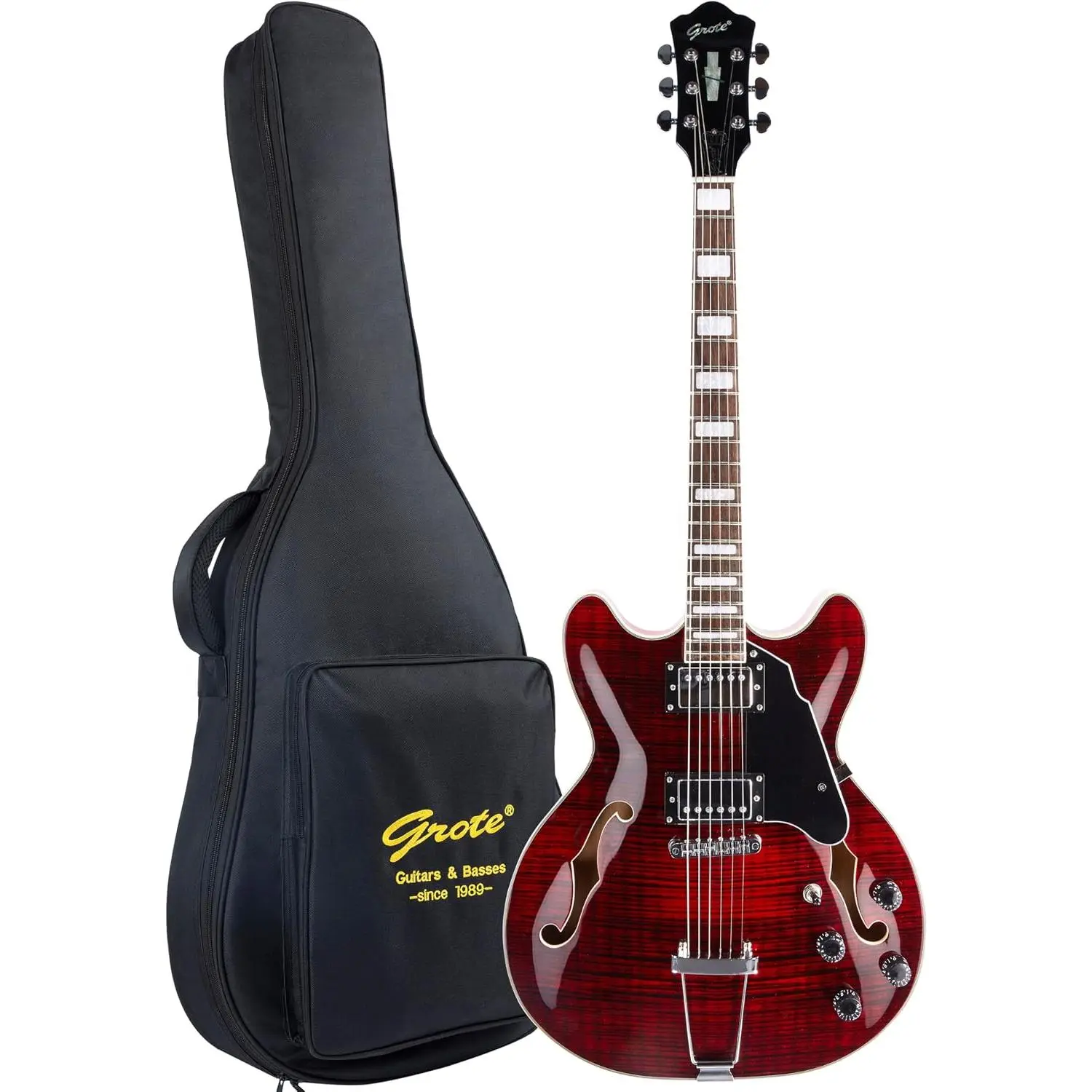 GROTE Jazz Electric Guitar Semi-Hollow Body Trapeze Tailpiece Bridge Guitar Gig Bag (RED)