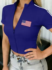 LALUZ Women's Casual American Flag Print Zip-Up Short Sleeve Tight Fitted Crop Top Summer Independence Day Vacation Navy Blue
