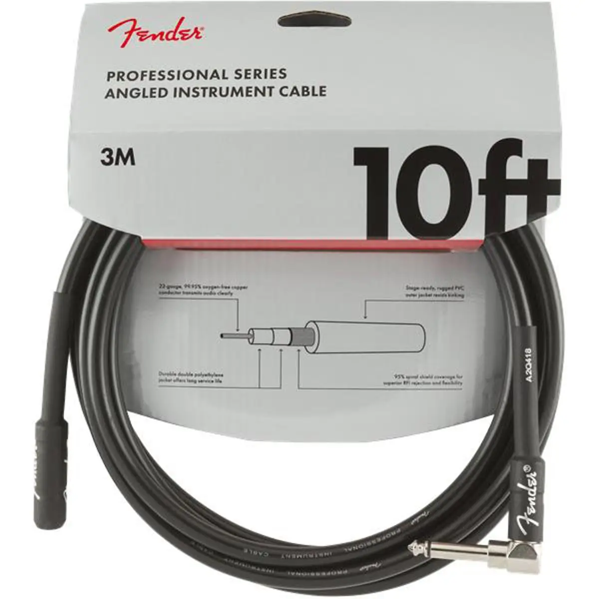 Fender Professional Series Instrument Cable, 10' Straight/Angle, Black