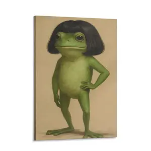 Funny Frog Canvas Art Print – Whimsical Frog Portrait, Bob Haircut Frog, Meme Animal Wall Decor, Unique Aesthetic Home Art