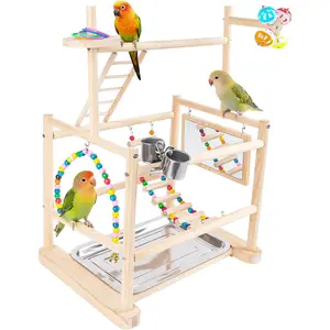 Bird Playground, Parrot Playground Bird Perch Stand 3 Layer Bird Tree Stand with Feeder Cups, Bird Ladder, Parakeet Mirror, Parakeet Toys and Removable Tray for Small to Medium Birds