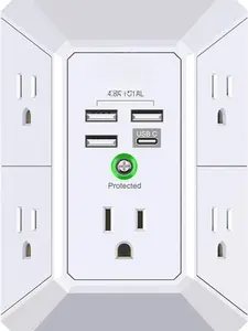 Multi Plug Outlet Surge Protector with Night Light PowerUI Wall Charger 3 USB 3 Sided Power Strip for Wall Mounted ETL Listed Multiple Sockets