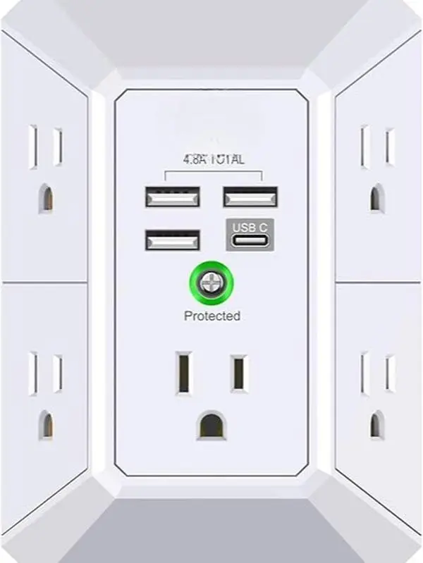 Multi Plug Outlet Surge Protector with Night Light PowerUI Wall Charger 3 USB 3 Sided Power Strip for Wall Mounted ETL Listed Multiple Sockets
