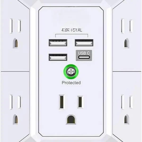 Multi Plug Outlet Surge Protector with Night Light PowerUI Wall Charger 3 USB 3 Sided Power Strip for Wall Mounted ETL Listed Multiple Sockets