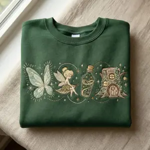 [MADE IN US] Vintage Tinker Bell Embroidered Sweatshirt, Neverland Fairy Magic Kingdom Crewneck, Whimsical Fantasy Pullover for Women, Magical Vacation Gift, Cozy Princess Inspired Shirt