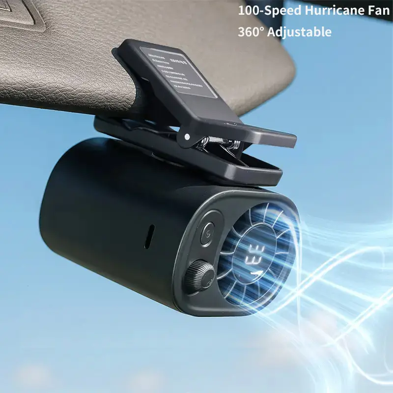 Car Clip-On Fan with LED Display - 360° Rotation, 100 Adjustable Speeds, Rechargeable Personal Cooling Fan