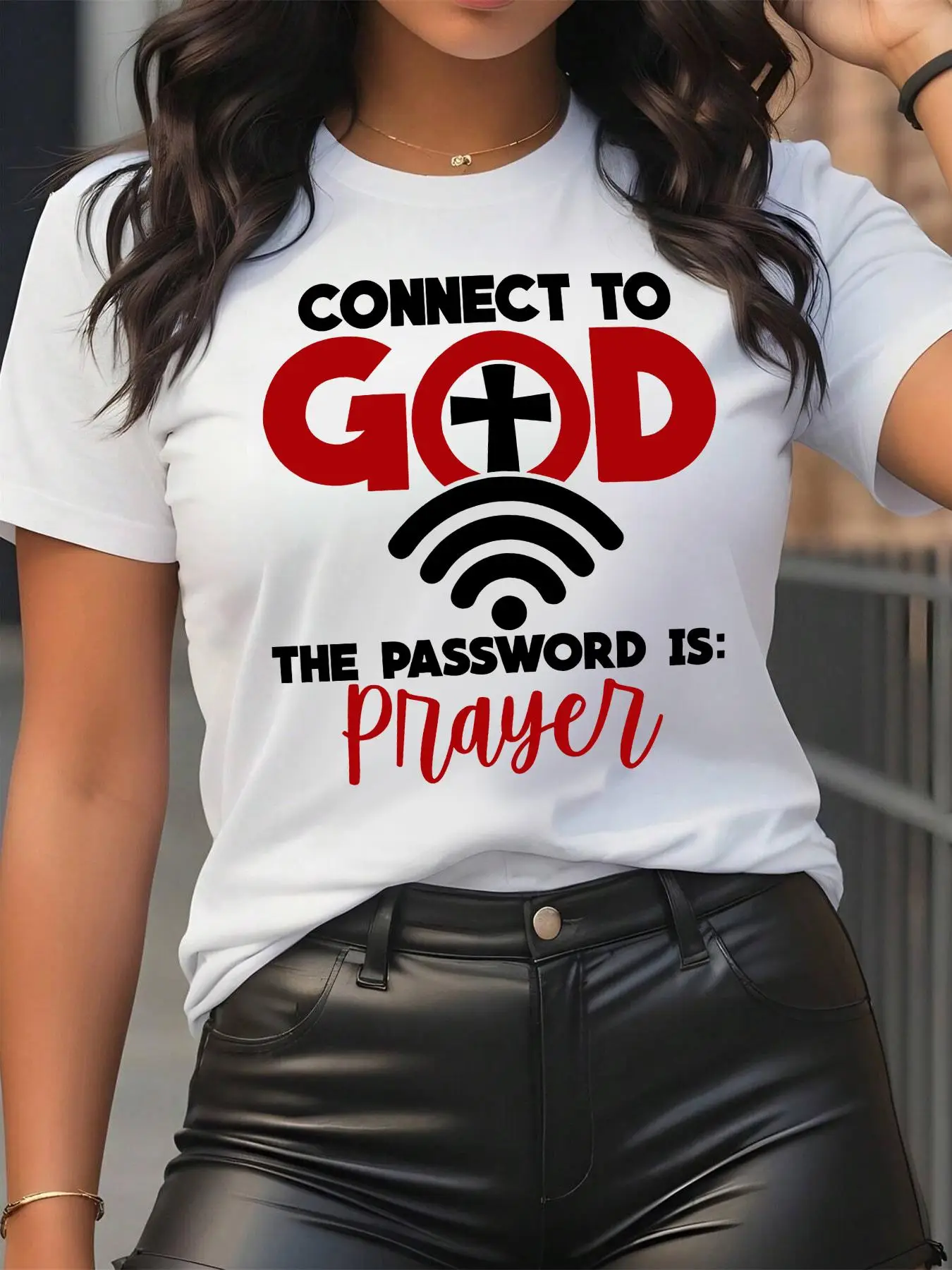 Women's Letter & Cross Print Round Neck Tee, Casual Short Sleeve Crew Neck T-shirt for Summer, Fashion Women's Top for Daily Wear, T Shirts for Women,