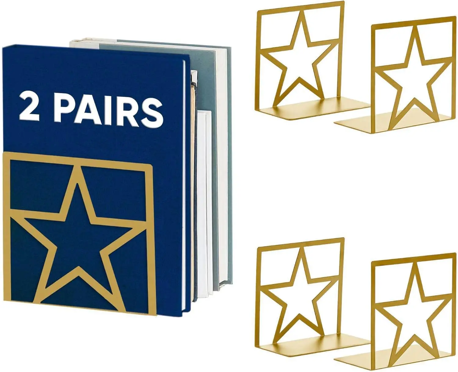 GEOMOD Star Pattern Heavy-Duty Metal Decorative Bookends - Tall, Trendy, Modern Design, Anti-Slip Shelf Organizer for Home Study Desk & Shelf Support, 2 Pairs Office Stationery