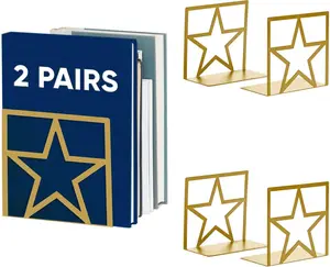 GEOMOD Gold Star Metal Bookends Heavy Duty for Desk & Shelves, Non-Slip Metal Bookends for Bookshelf End Holders, Modern Decorative Book Ends Gold, Book Holder for Office, Study & Home Library 2 Pairs
