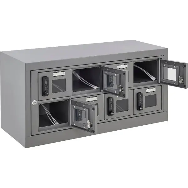Global Industrial 413248 Assembled Gray 2-Tier 8-Door Visible-View Digital Lock Cell Phone Charging Locker with Cell Phone Storage