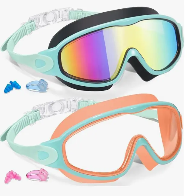 2 Pack Kids Swim Goggles, Anti-Fog Wide View Swimming Goggles for Boys and Girls, Leak-Resistant Silicone Swimming Goggles with Adjustable Strap, Ear Plugs & Nose Clip for Pool, Swim Lessons, Beach, Outdoor Swimming goggles leakproof  Swimming glass youth