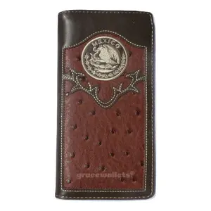 Men's Western Bifold Checkbook Wallet Brown Leather with Mexico Design