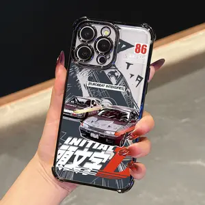 Luxury Cartoon Semi-Transparent Internet Celebrity Artifact High-Quality Creative Japanese Trend Racing Anime Manga Movie Fujiwara I-Initial D Phone Case Suitable for iPhone 16 16e 15 14 13 12 Mini 11 Pro Max X XR XSMAX 8 7 e Plus Black Frame Anti-Drop Tr