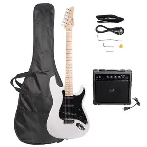 GST White Electric Guitar Kit with Black Pickguard 6-String 20W Speaker Basswood Body Maple Neck 22 Frets Beginner Set Includes Bag Strap Plectrum Tremolo Bar Connecting Wire