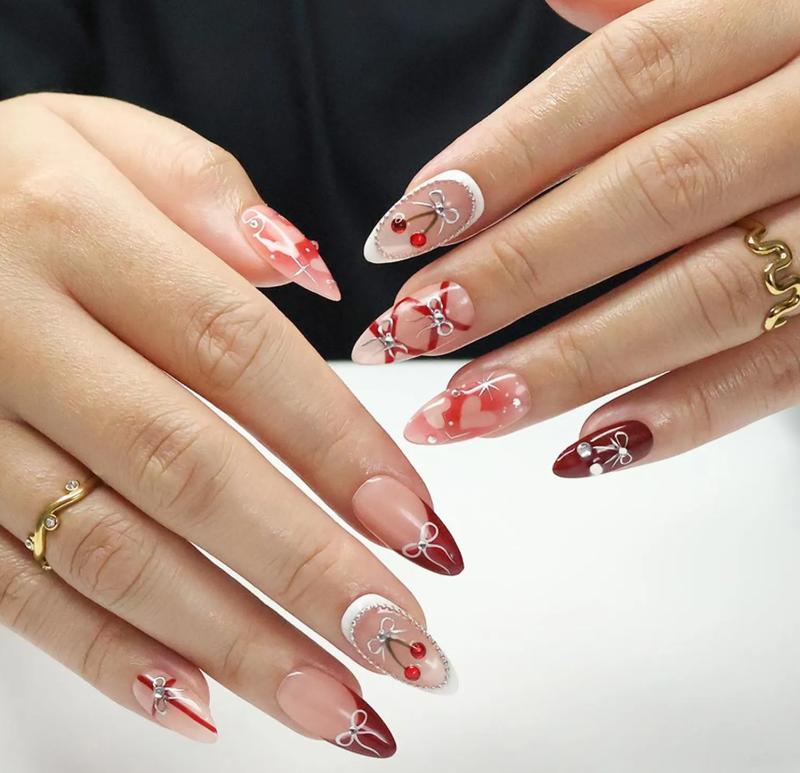 Press On Nails Cherry Charm with Silver Bows | 3D Pearl & Heart Nail Art in Medium Almond Damontaerichmond