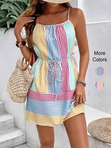 Women's Colorblock Striped Print Tie Front Cami Dress, Boho Adjustable Spaghetti Strap Backless Short Dress for Beach Vacation Holiday, Casual Cami Dress, Ladies Summer Clothes