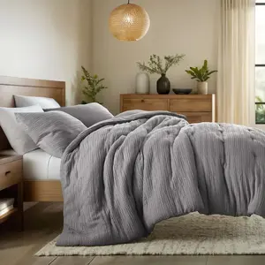 Waffle Textured Comforter Set All Season Down-Alternative Ultra Soft Bedding - Becky Cameron, Fog, Twin/Twin Extra Long