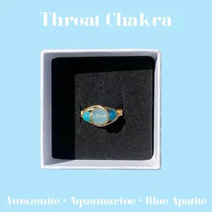 Throat Chakra Crystal Ring with Aquamarine Blue Apatite and Amazonite