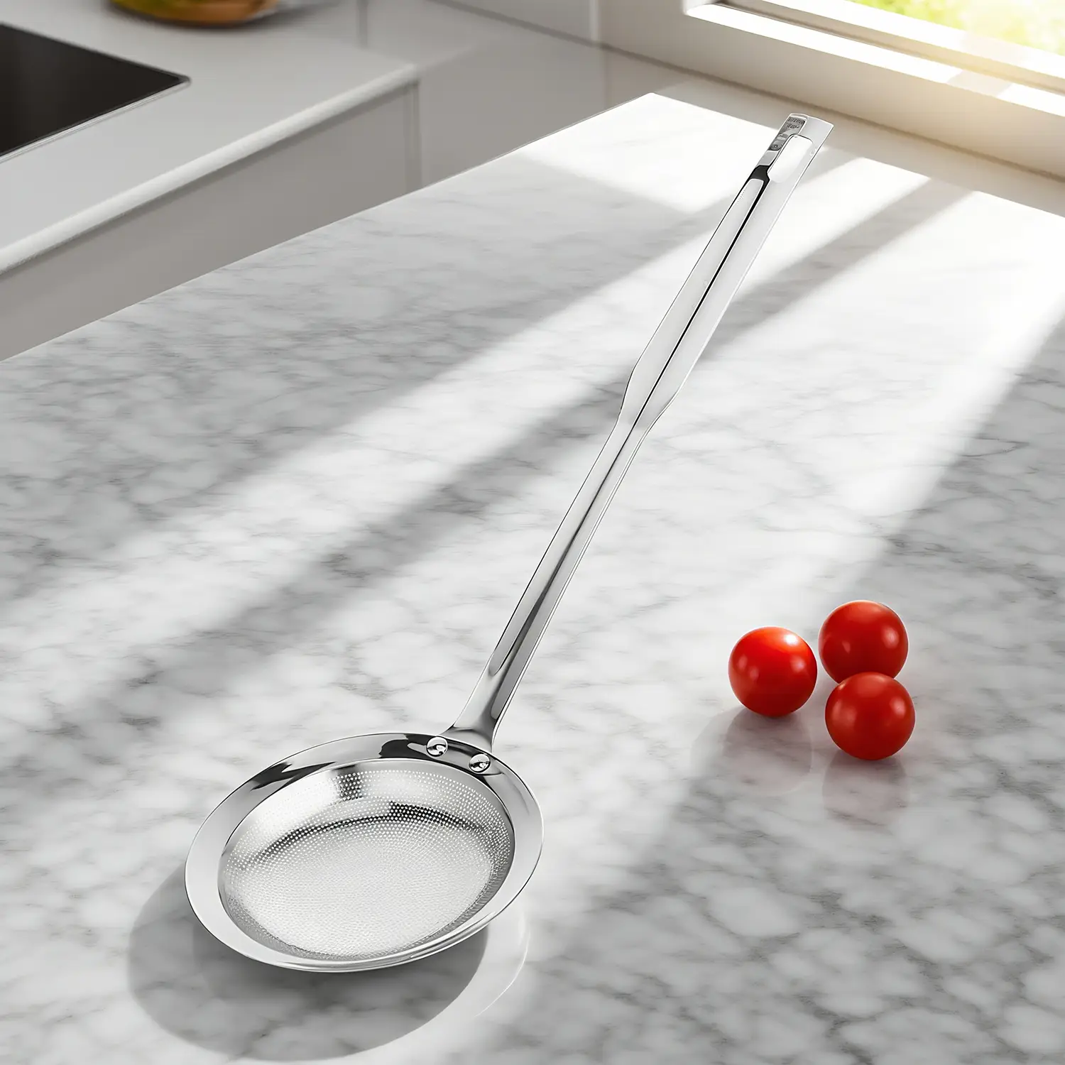 Filter Scoop SUS304 Stainless Steel Fat Skimmer Spoon Fine Mesh Strainer Food Strainer With Handle Kitchen Oil Skimmer Strainer for Cooking, Frying, O