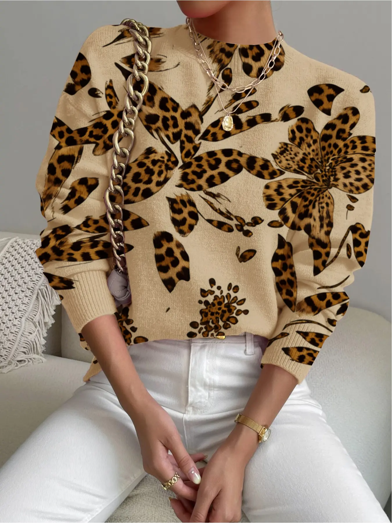 Women's Leopard Print Stand Collar Sweater, Casual Long Sleeve Knitwear for Fall Winter, Comfortable Warm Daily Wear