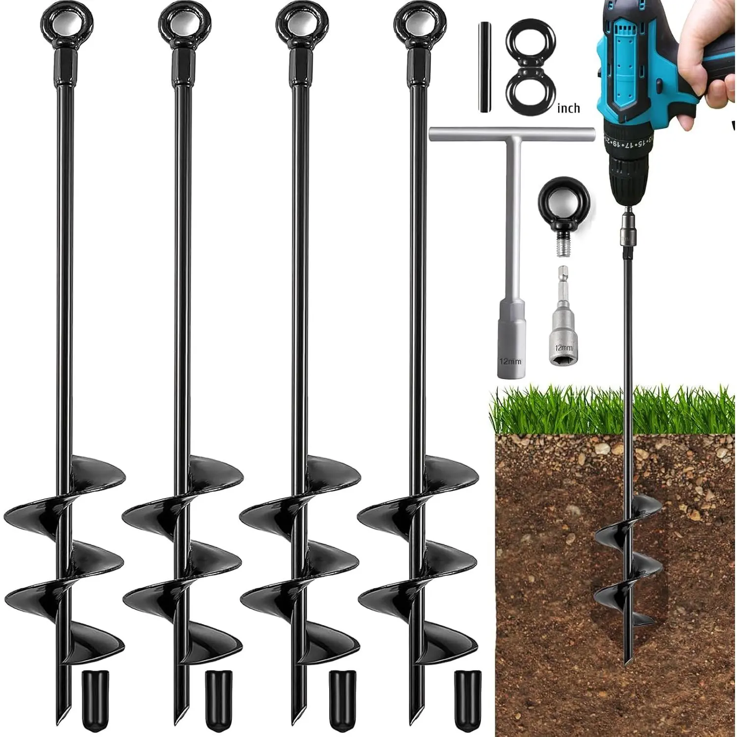 Ground Anchors Heavy Duty, Swing Set Anchor Kit 18 Inch 4 Pack Screw in Earth Anchors Trampoline Stakes High Wind Metal Auger Anchor for Shed Tent Carports Securing  Camping Mobile