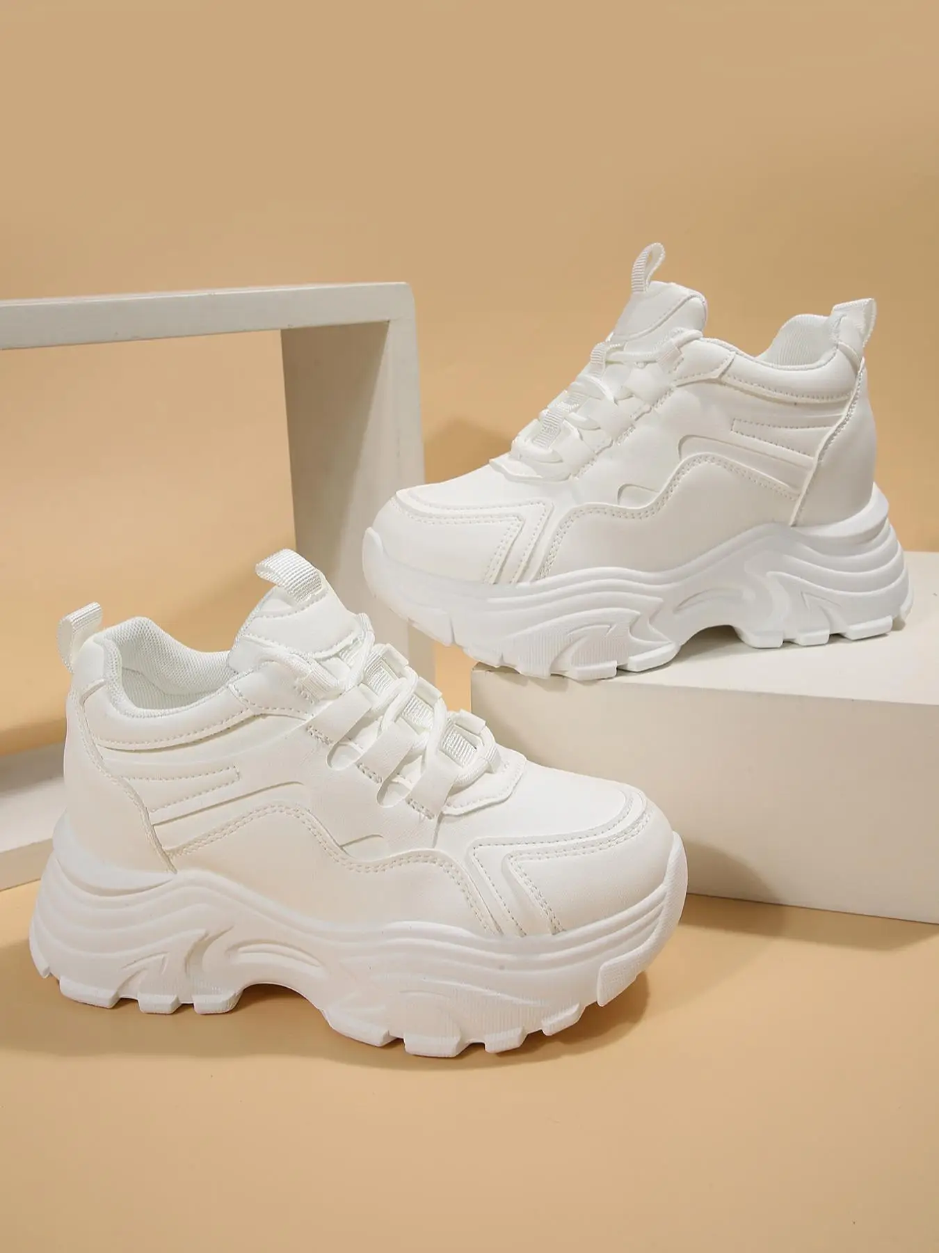 Women's 2024 Summer Fashionable Plain Lace Up Platform Sneakers, Casual Comfortable Round Toe Low Top Sports Shoes, Non-slip Wedge Athletic Training T