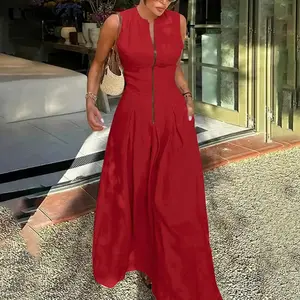 Women's A-line Loose Pleated Pocket Slit Zipper Round Neck Long Dress, Size Smaller for those with fuller bust, it is recommended to order a size up, and those with smaller bust can order a normal size, Multiple colors, high-quality fabrics