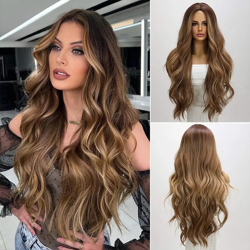 SMILCO/Brown Highlight Ombre | 26 inch | Curly Long Middle Part Wigs | SM1620