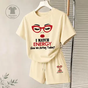 Women's I Match Energy Graphic Short Sleeve T-Shirt And Shorts Set, Casual Summer Two-Piece Outfit With Crew Neck Top And Drawstring Waist Shorts For Daily Wear