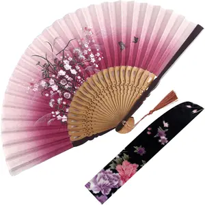 Red Fabric Folding Hand Fan with Tassel and Pouch – Elegant Foldable Handheld Fan for Women, Wedding Fans for Guests, Chinese and Japanese Style Asian Gift for Party, Dance & Home Decoration