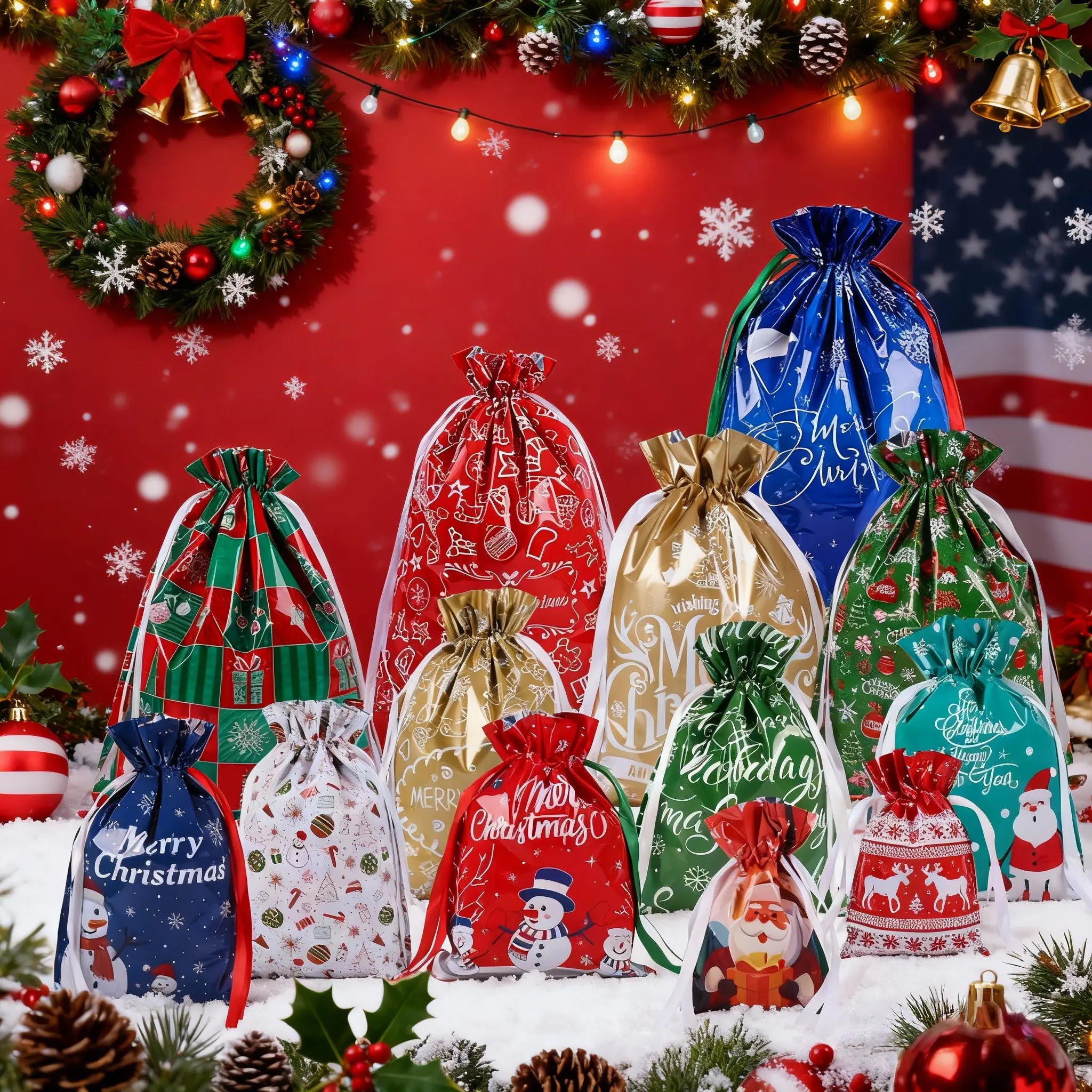 52 Christmas Gift Bags 13 Unique Designs in Large Medium Small Sizes for Holiday Wrapping Toys Clothing Socks with 26 Tags for Personalized Gifts