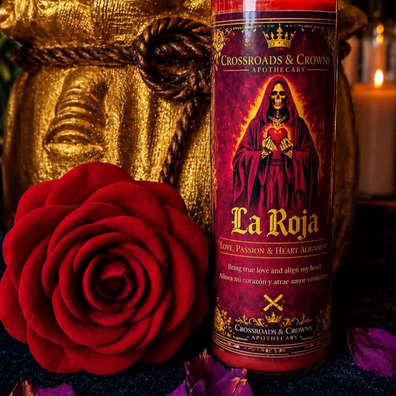 La Roja Santa Muerte Fixed Candle - Love, Passion, Heart Alignment - Crossroads and Crowns Apothecary