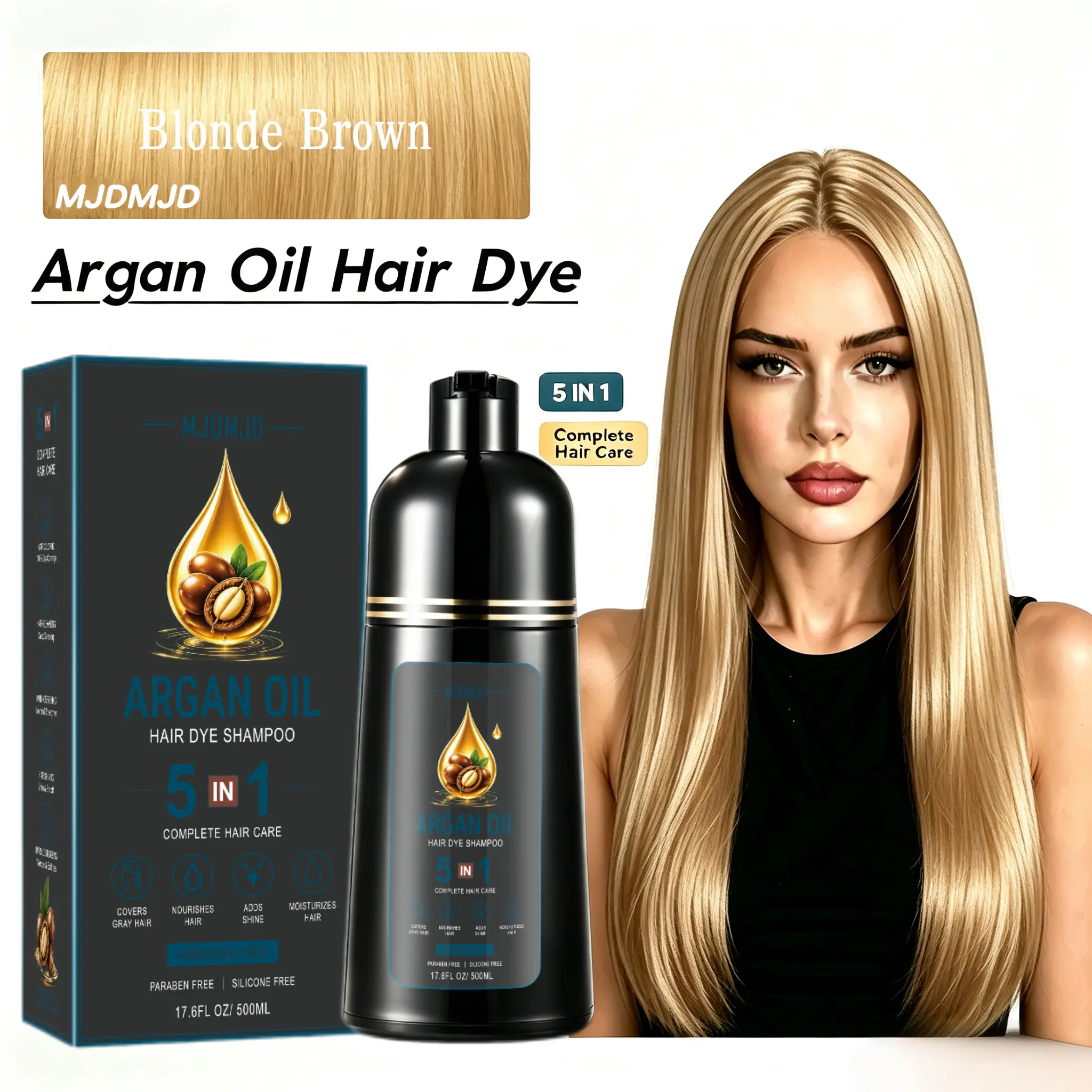 Argan Oil Hair Dye Shampoo 5-in-1, Light Brown Hair Color for Women & Men, Gray Hair Coverage, Long-Lasting Color, Nourishing & Conditioning Formula, Easy At-Home Coloring, 500ml