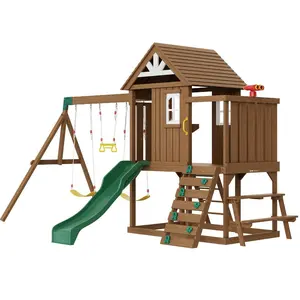 VEVOR Wooden Swing Set, 10 IN 1 Playground Sets for Backyards, 2 Swings, Trapeze Bar, 6FT Slide, Large Upper Fort with Kitchen Toys, Flat Step Ladder, Rock Wall, Picnic Table, Sandbox, Scaling Ladder