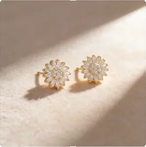 Rotating sunflower fingertip-style earrings for women; gold rhinestones; rotating stud earrings; silver large floral earrings for calming mood; elegant women’s jewelry accessory—a gift for a loved one.dad to daughter necklace gift,claddagh ring