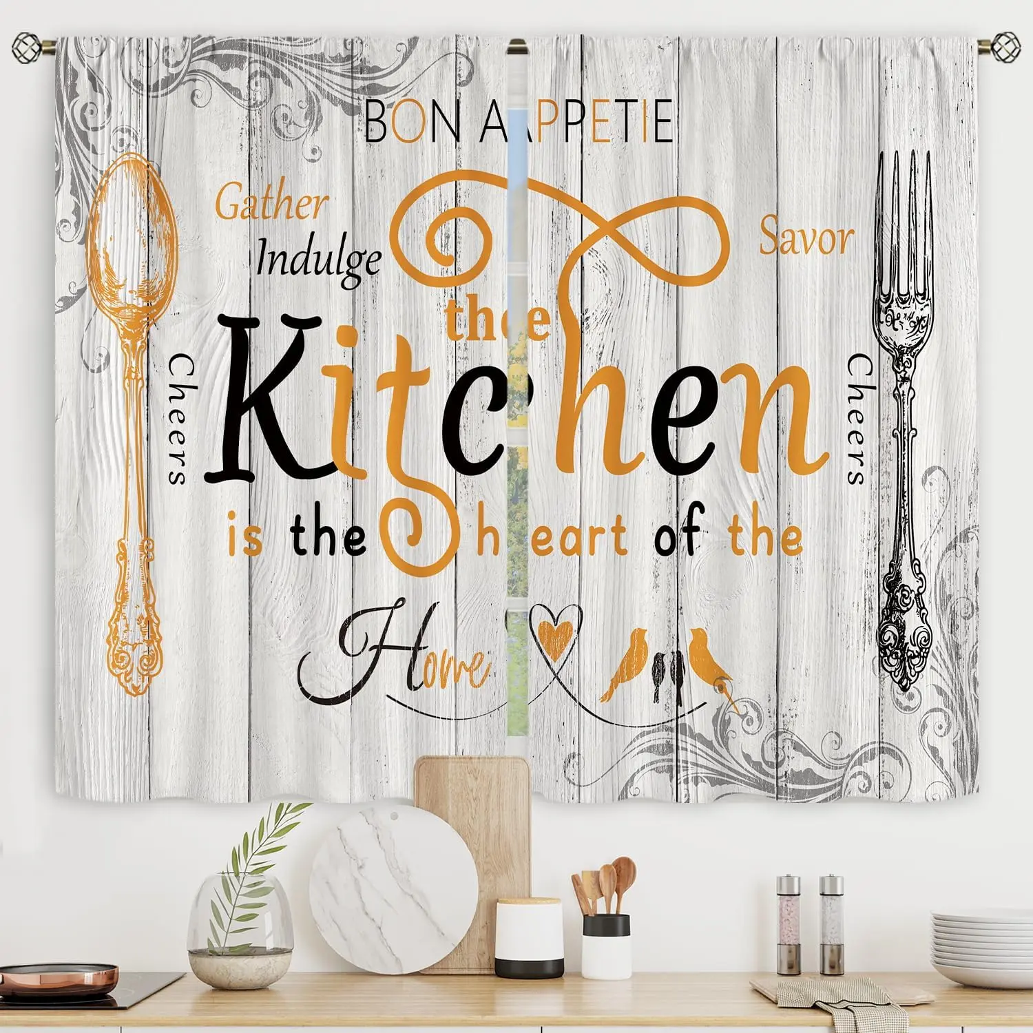 Burnt Orange Low Iron Colored Farmhouse Cafe Curtains, 2 Polyester Fits Breathable Fade-Resistant Rod Pocket Panels (27.5x39 in) with Funny Quotes for Kitchen/Dining & Bedroom