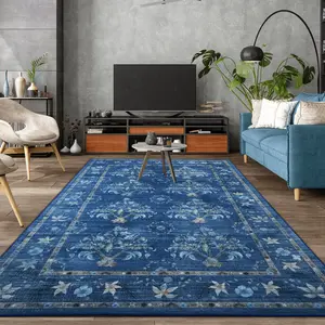 Light Blue Washable Large Rugs,Faux cashmere Area Rug,Indoor Home Decor Rug,vintage printed carpet,Boho Vintage Distressed Non-Slip Low-Pile Non Slip Carpet for Living Room,Dining Room,Office, 5x8ft,6x9ft