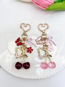 Elegant Cherry Bow Travel Keychain, Burgundy Cherry Shape Accessory, Flower Decoration, DIY Charm, Bag Pendant, Car Keychain, Room Decor, Pinky Promise Keychains