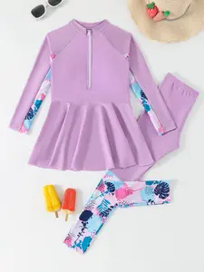 Girls' Plant Print Design Long Sleeve Patchwork Dress, Two-Piece Swimsuit Set, Sporty Beachwear, All Seasons, Slim-Fitting Swimwear, Swimwear Sets, Swimwear Outfits