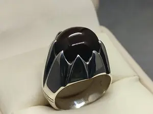 Natural Yemeni Blood Red Khabadi Aqeeq Sterling Silver 925 Handmade Carnelian Men's Star Shape Ring