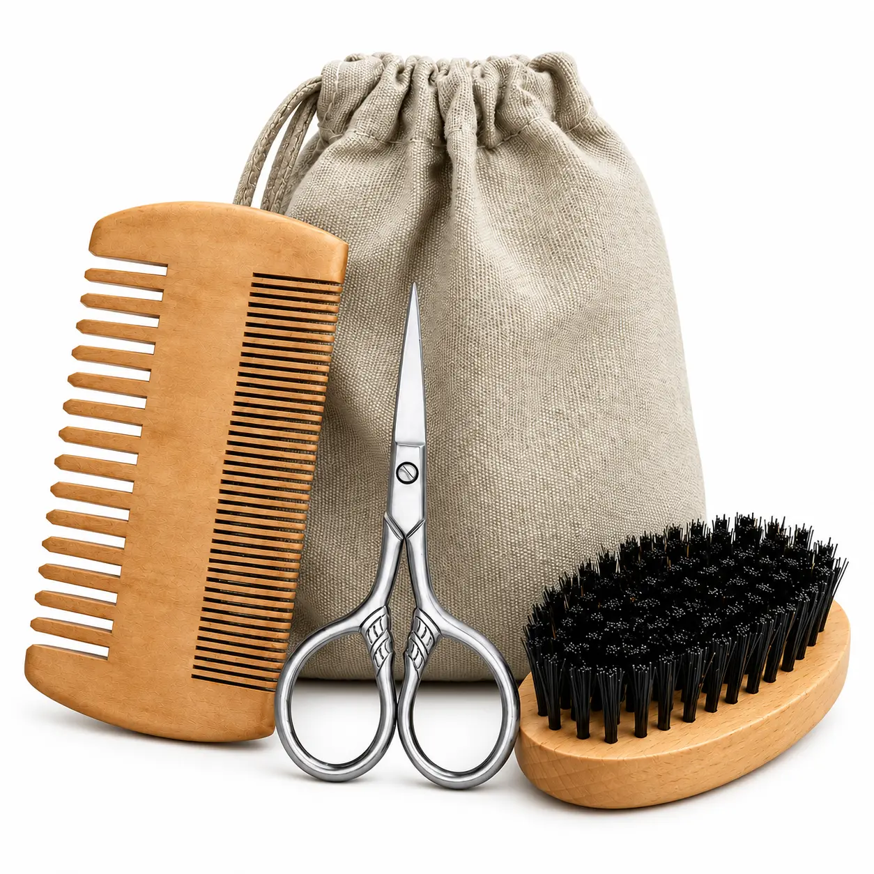 4-Piece Beard Grooming Kit for Men with Beard & Mustache Scissors, Natural Boar Bristle Brush, Dual-Sided Pear Wood Comb and Storage Pouch