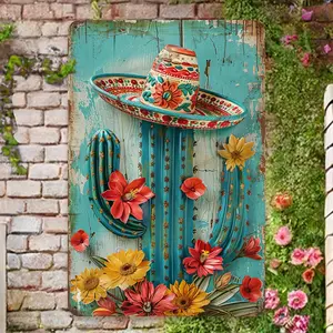 Vintage Mexican Cactus Wall Decor Turquoise & Red Floral Metal Tin Plate Art Rustic Desert Landscape Painting for Home Office Cafe Patio No Electricity Needed Easy Hang Indoor Outdoor Decoration 8x12x1 Inch Weathered Finish - 8*12*1Inch