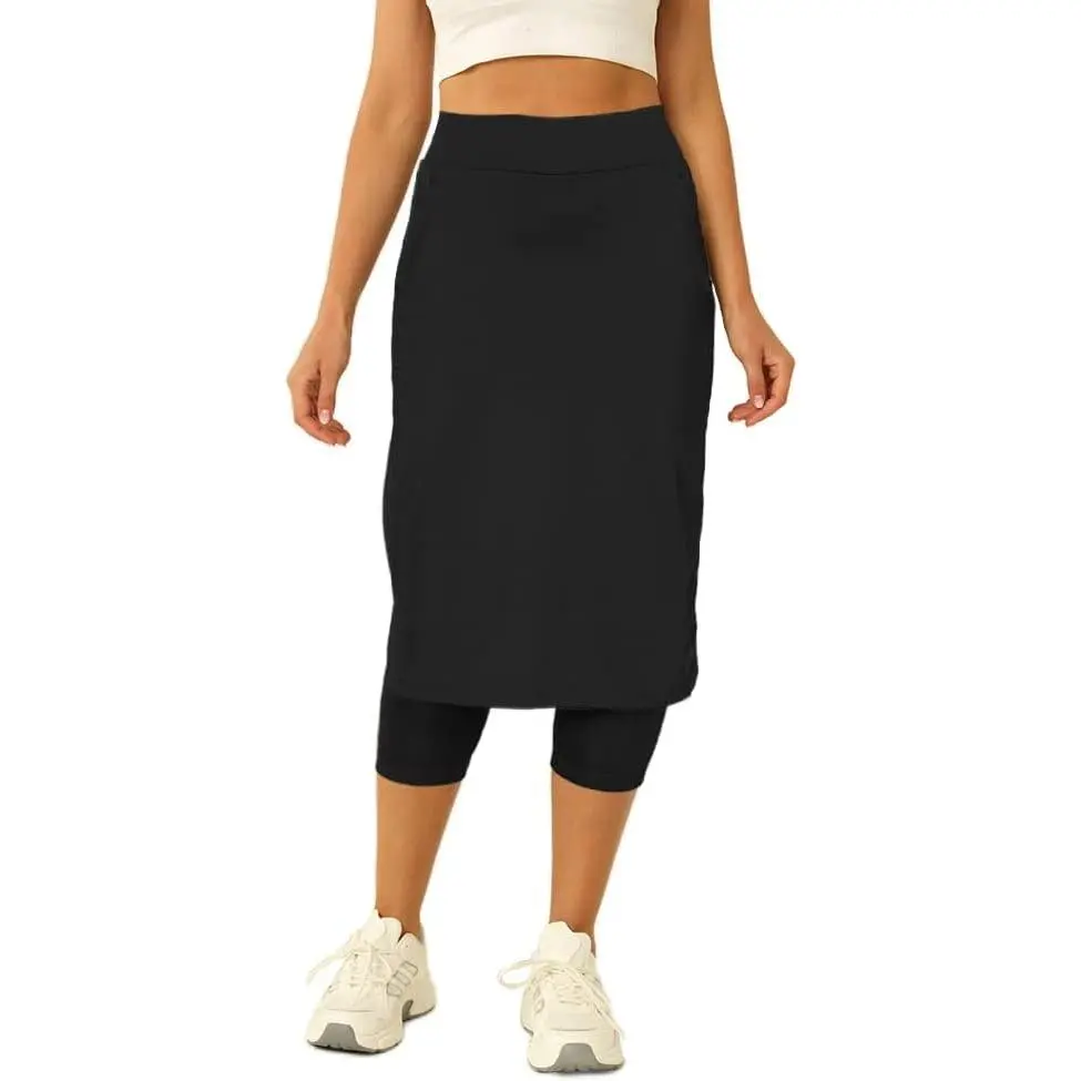 Lannew Womens Tennis Skirt with Capris Leggings Golf Knee Length Skorts Athletic Long Skirts for Women with Pockets
