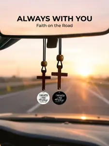 Christian Cross Car Hanging Ornament, Bible Verse Rearview Mirror Decor, Faith Inspired Car Accessory, Wooden Religious Charm, Daily Encouragement Gift for Men Women Vehicle Interior