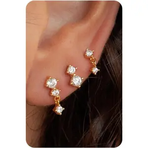 3 Pairs Gold Earring Set | S925 Sterling Silver Post & 14K Gold Plated | Iced Out CZ Studs, Huggie Hoops & Dangle Chain Earrings | Hypoallergenic Stack for Multiple Piercings