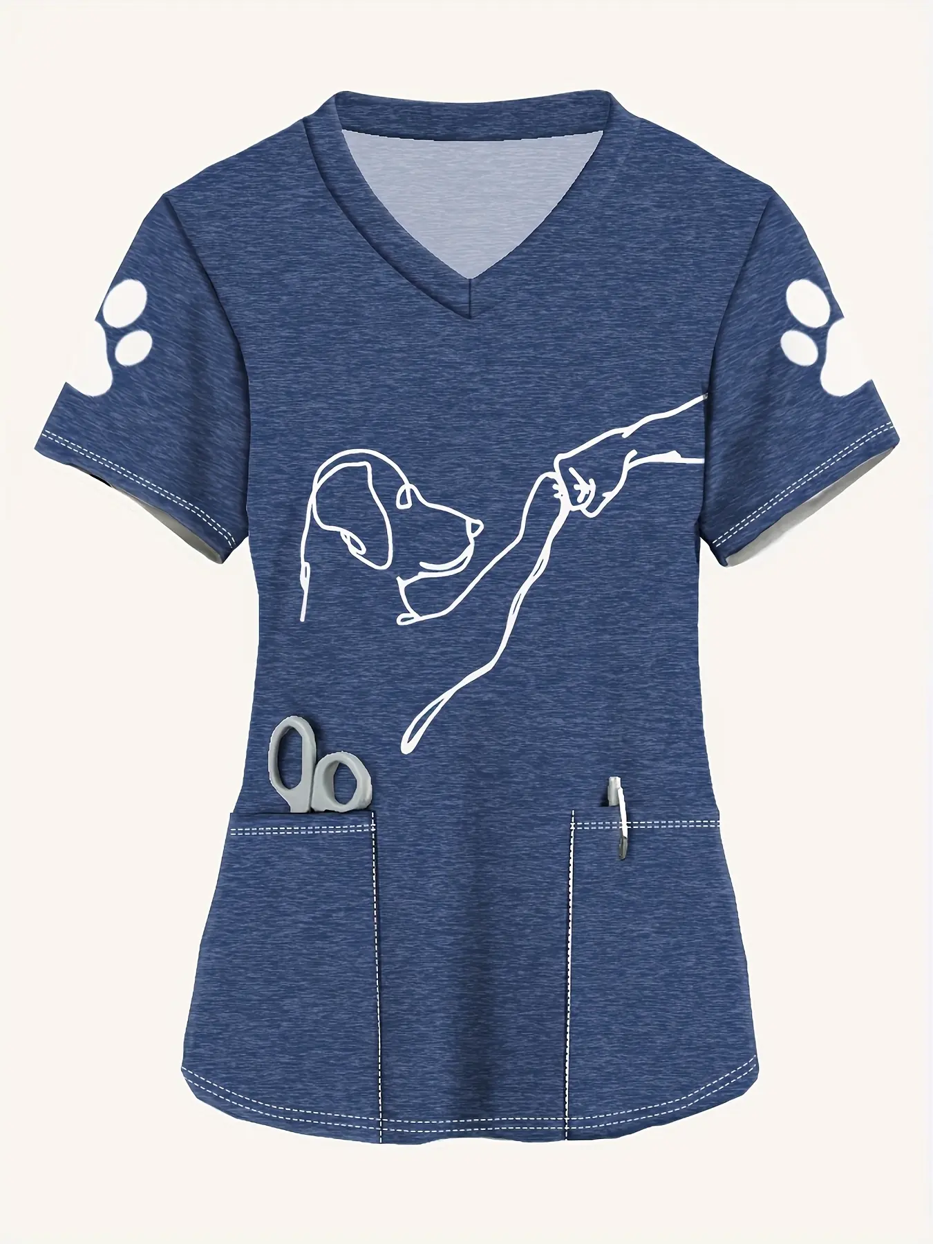 Women's Casual Short Sleeve V-Neck T-Shirt - Cute Dog Paw Print Graphic, Breathable Polyester-Spandex Blend, 2 Front Pockets, Stretchy, Machine Washable, All-Season Comfort