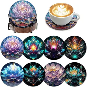8-Piece Diamond Painting Coaster Set Lotus Pattern (with Stand), DIY Art Craft Kit for Beginners, Home Decor Gift, Silver Color