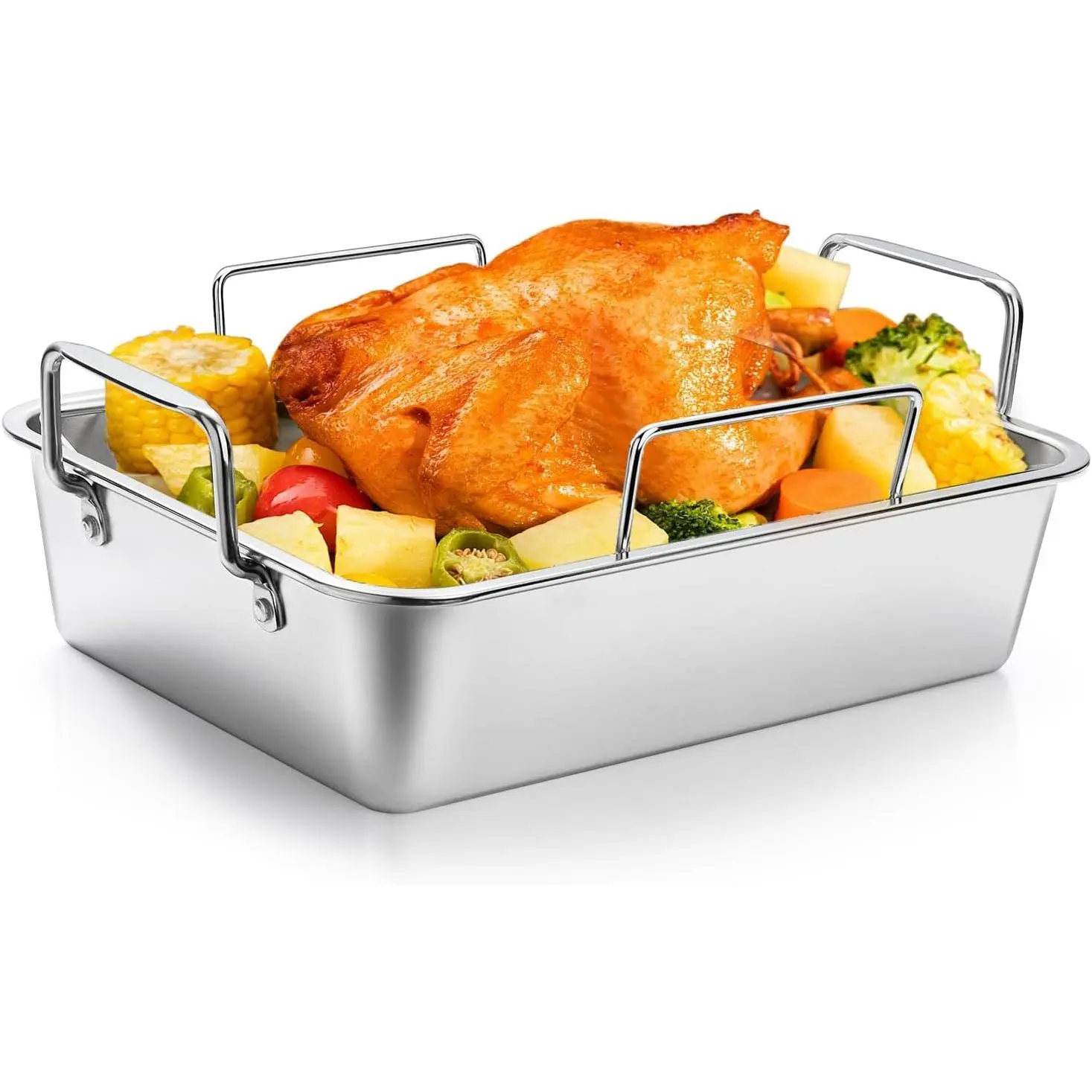 Roasting Pan, 14*10 Inch Stainless Steel Turkey Roaster with Rack - Deep Broiling Pan & V-shaped Rack & Flat Rack, Non-toxic & Heavy Duty, Great for Thanksgiving Christmas Roast Chicken Meat Lasagna Bakeware Handles