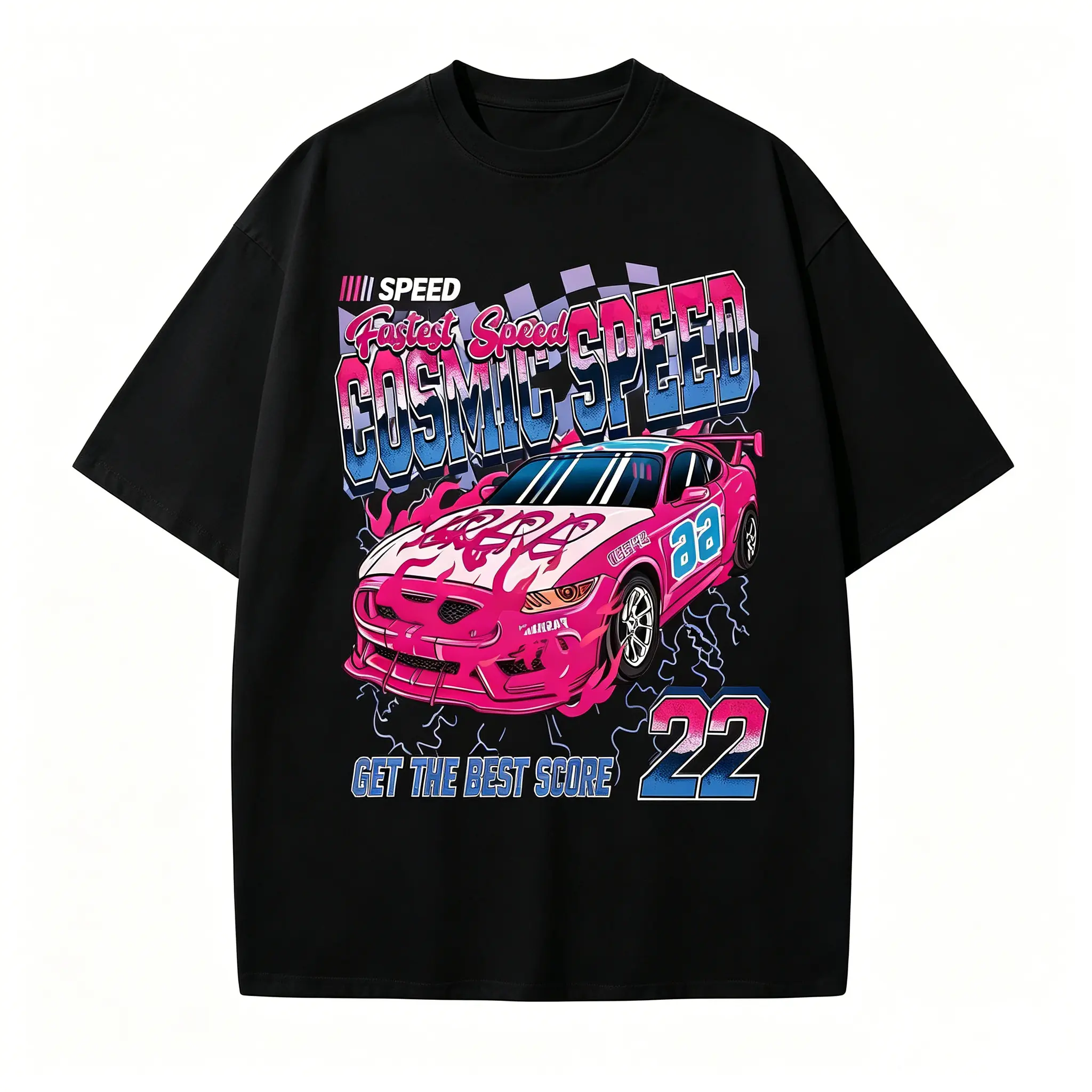 Men's Vintage Cosmic Speed Graphic Round Neck Short-Sleeve Cotton Twill T-Shirt - Relaxed Unisex Cut, Breathable Casual Clothing, Digital No-Crack Racing Print, Oversized Streetwear Sports Top, Tshirt, Oversized Tee, Digital Print, Fitted, Sporty Chic