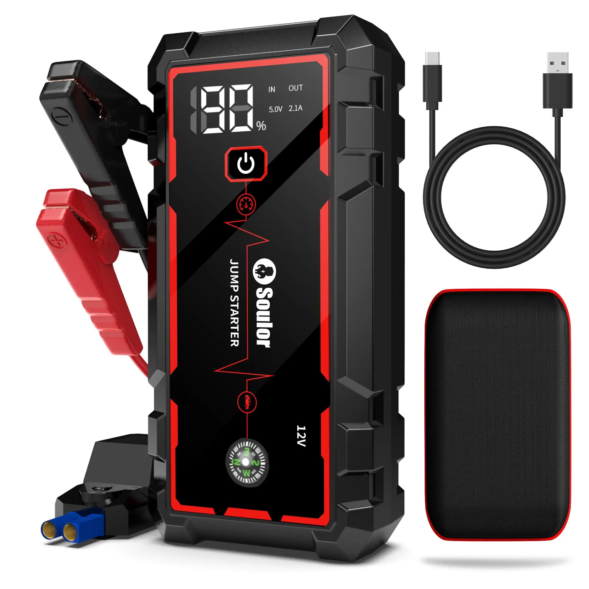 Soulor 8000mAh Portable Car Jump Starter, 12V Battery Booster Pack with Smart Jumper Clamps, EVA Carrying Case, USB Power Bank for Phones & Tablets, LED Emergency Light, LCD Display, for Cars, SUVs, Trucks & Motorcycles
